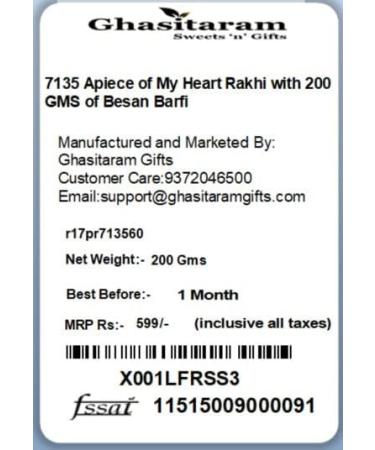 Ghasitaram Gifts Rakhi for Brother Rakhis Online - 7135 Apiece of My Heart Rakhi with 200 GMS of Besan Barfi Rakhi Set with 200 gms of Besan Barfi - Buy Online on GoSupps.com