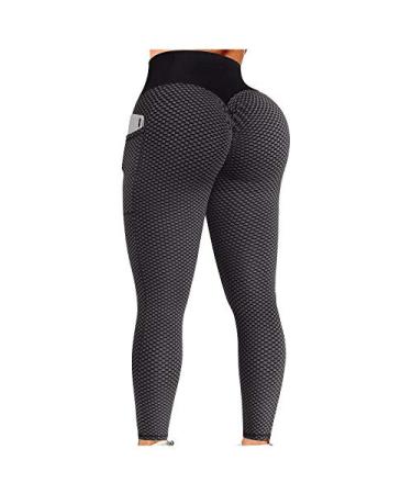 DAZLOR Women Ruched Butt Lifting Leggings Pockets High Waist Scrunch Textured Compression Yoga Pants Booty Workout Gym Tights Black X-Large
