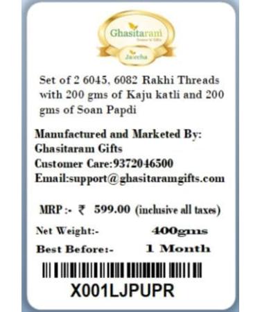 Ghasitaram Gifts Rakhi for Brother Rakhis Online - Set of 2 6045 6082 Rakhi Threads with 200 GMS of Kaju katli and 200 GMS of Soan Papdi - Buy Online on GoSupps.com