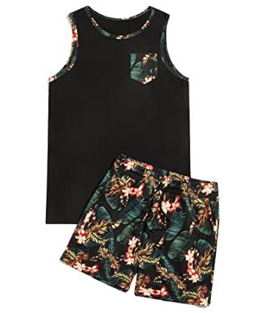 GORGLITTER Men's 2 Pieces Set Floral Print Elastic Waist Shorts Sleeveless Tank Top Outfit Tracksuit Medium Black Floral