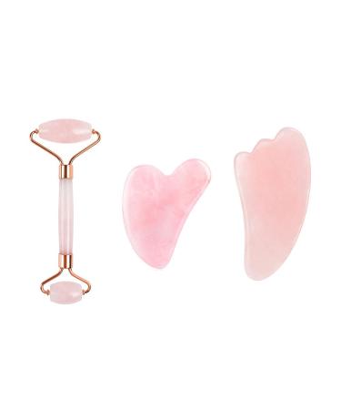 Gua Sha Facial Tool Face Lifting Massager Rose Quartz Roller Natural Jade Facial Massager Jade Roller Face Massage-Pink 3 set no box_