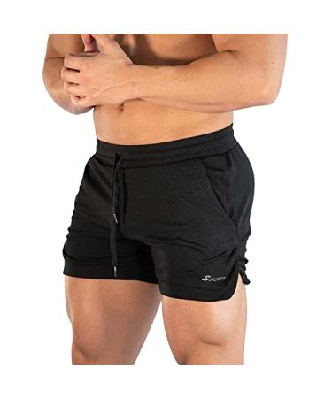 Surenow Mens Running Gym Shorts 3 Inch Breathable Lightweight Athletic Sport Shorts Training Workout Shorts with Pockets Black Medium