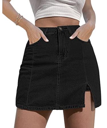luvamia Skorts Skirts for Women Denim Mini Skirt Side Slit with High Waisted Jean Shorts Stretchy Medium B Soft Black