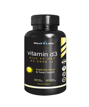 MaxX Labs Vitamin D3 K2 with 3 000 IU per Capsule - Plus 115 mcg of Vitamin K as MK-7 from Natto - Supports Bone Health - Gluten-Free - 90 Count (90-Day Supply)