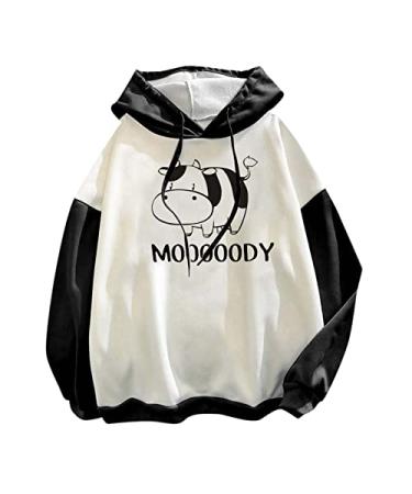 Funny Lazy Cow Hoodies for Women Cute Milk Cow Print Hoodie Tops for Teen Girls Y2k Drawstring Sweatshirt Pullover B-Black