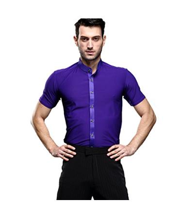 Men Professional Pure Color Stand-Collar Short-Sleeved Modern Dance Latin Ballroom Square Dance Shirts Medium Purple