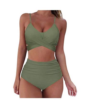 High Waisted Swimsuit for Women African Ethnic Style Two Piece Bathing Suit Plunge V Neck Swimwear Z1-army Green X-Large