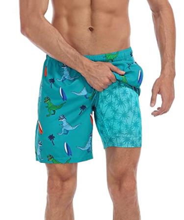 LRD Men's Swim Trunks with Compression Liner 7 Inch Inseam Quick Dry Swim Shorts X-Large Surfer Dino / Palm Trees