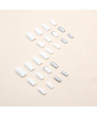 EALGA Opaque Milky White Press on Nails with Silver Glitter & Rhinestones - 24 pcs Short Square Art Nails in 12 Sizes - Buy Online on GoSupps.com