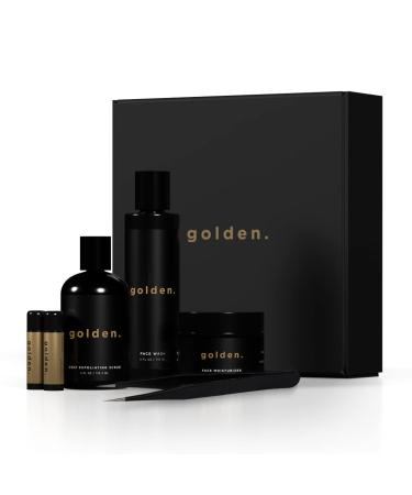 Golden Grooming Co. Essential Men's Skincare Routine Set - Complete Face Care System | Face Wash Deep Exfoliating Scrub Moisturizer | Tweezers & 2 Lip Balm Sticks Included | 30 Day Supply