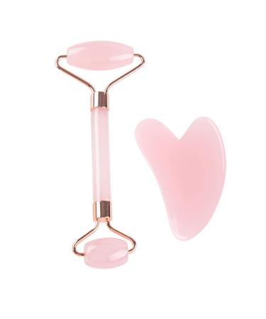 Rose Quartz Roller and Gua Sha Facial Roller Beauty Skin Care Tool Rose Quartz Massager for Face Eyes Neck Body Muscle Relaxation and Relief of Fine Lines and Wrinkles