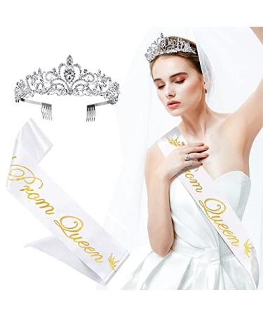 M&C Music Color 2Pcs Prom Queen Sash and Tiara Set  Tiara Crystal Rhinestones Bridal Crowns for women  Silver Crown with Comb for Little Girls Birthday and Wedding School Graduate Party Accessories
