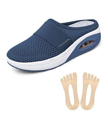LELEWANG Womens Breathable Lightweight air Cushion Slip-on Walking Slippers Orthopedic Diabetic Walking Shoes 7 Navy Blue