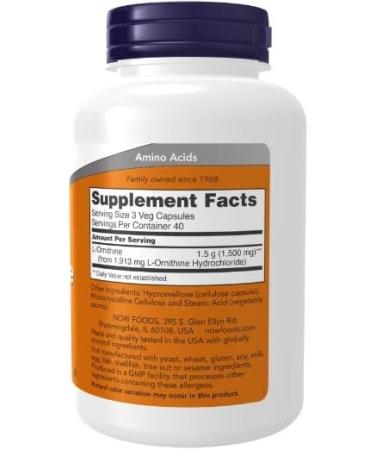 Now Foods L-Ornithine 500 mg - 120 Vegan Capsules | Amino Acids for Enhanced Performance | International Shipping Available - Buy Online on GoSupps.com