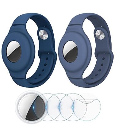 VEGO 2+4Pack AirTag Bracelet for Kids 2 Pack Silicone Watch Bands + 4 Pack Anti-Scratch Films for Kids Children Upgraded Metal Studs Anti-dropping Wristband Compatible with AirTag DARK BLUE+BLUE GRAY