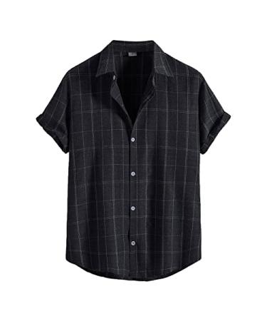 UBST Summer Short Sleeve Shirts for Mens Cotton Linen Button Down Casual Tops Plaid Striped Print Beach Hawaiian Shirt Gray,navy XX-Large