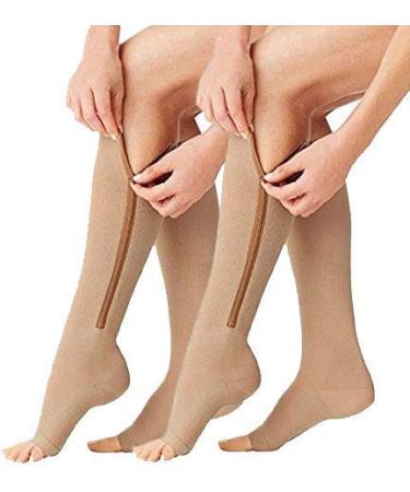 ACTINPUT 2 Pairs Compression Socks Toe Open Leg Support Stocking Knee High Socks with Zipper 01-nude Large-X-Large