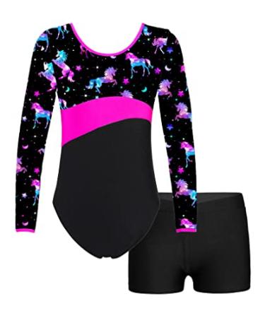 Choomomo Kids Girls Printed Long Sleeve Leotard with Booty Shorts Set for Gymanstics Ballet Dance Night Pegasus 10 Years