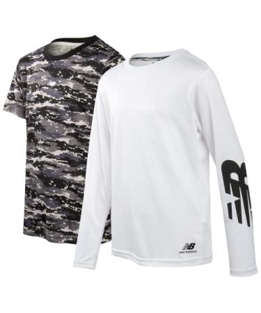 New Balance Boys' Athletic T-Shirt - 2 Pack Active Performance Dry-Fit Sports Short and Long Sleeve Shirt (8-20) Grey Camo/White 10-12