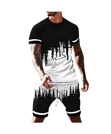 Sport Suit for Men's T-Shirt and Shorts Two-Piece Set Fashion Print Short Sleeve Casual Shirt Short Pants Outfits White Large