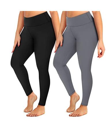 YOLIX 2 Pack Plus Size Leggings with Pockets for Women 2X 3X 4X High Waisted Black Workout Leggings No Pocket XX-Large Black/ Grey