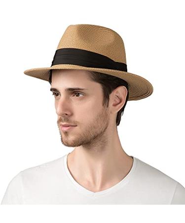 Lanzom Summer Beach Sun Hats for Men Foldable Floppy Travel Packable Staw Hat Wide Brim Hat Style B-khaki Large