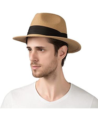 Lanzom Summer Beach Sun Hats for Men Foldable Floppy Travel Packable Staw Hat Wide Brim Hat Style B-khaki Large