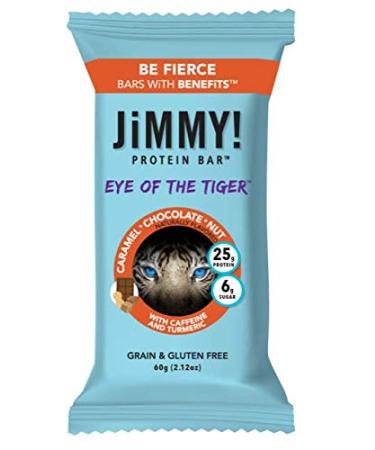 JiMMY! Protein Bar, Caramel Chocolate Nut, Eye of the Tiger, 12 Count - High Performance Energy Bar with Caffeine and Turmeric, Low Sugar, 25g of Protein, High Protein