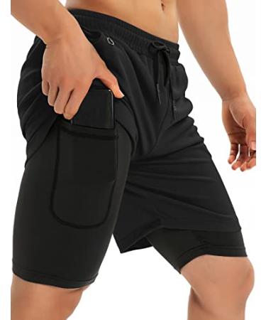 FLYEVEA Mens 2 in 1 Workout Running Shorts Athletic Yoga Gym 7" Short Clothes with Side Pockets Black Large
