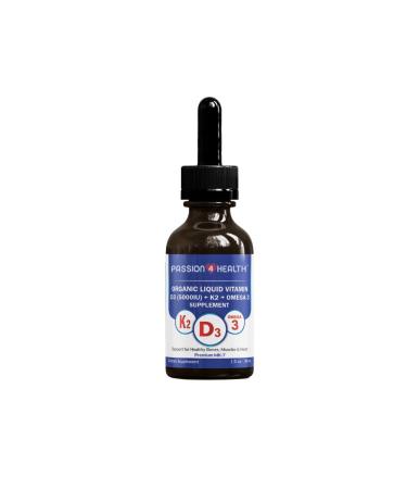 Passion 4 Health Organic Liquid Vitamin D3 (5000IU) + K2 (Mk-7) + Omega 3 Supplement - Support for Healthy Bones Muscles and Heart (1)
