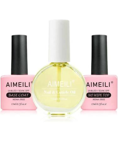 AIMEILI Hema Free No Wipe Top Coat Base Coat & Cuticle Oil Set  Glossy Shine Gel Top Coat Long Lasting DIY Home Gel Nail Lamp Required  Cuticle Oil Care for Nails
