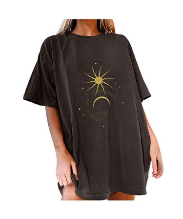 Sun and Moon Print Shirts for Women Vintage Graphic Tees Trendy Plus Size Short Sleeve Western Streetwear Tshirts Tops for Women Sexy Casual-dark Gray XX-Large