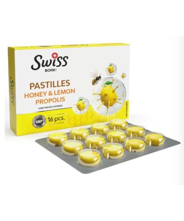 SWISS BORK Honey & Lemon Pastilles Highly Effective to Provide Sore Throat Relief Ideal Pastille to Get Rid of Throat Inflammation Dry and Phlegmy Cough (16 PCS)
