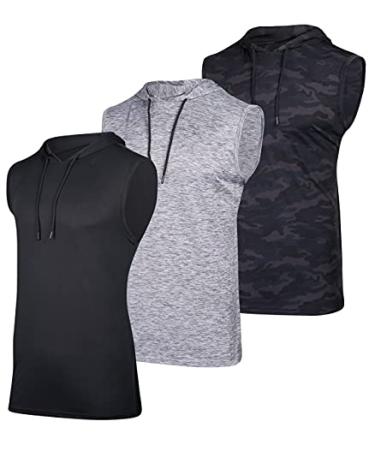 3 Pack: Mens Dry-Fit Active Hooded Tank Top - Workout Sleeveless Hoodie with Drawstring Medium Set 5