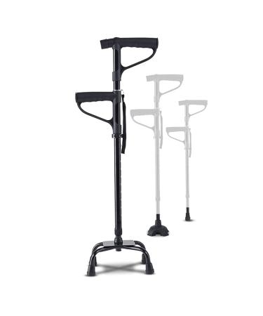 Heavy Duty Four Legged Walking Cane for Extra Stability with Light Walking Crutches with 3 Base Black Bathing in Sunlight