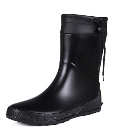 Women's Mid Calf Rain Boots Collar Muck Boots Ultra Lightweight Portable Garden Shoes 8.5-9 Black - 9.8" Shaft