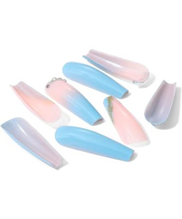 Brishow Coffin False Nails - Long Blue Flower Fake Nails | 24pcs Ballerina Acrylic Stick on Nails for Women and Girls - Buy Online on GoSupps.com