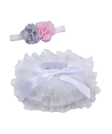 PythJooh Newborn Baby Girl Tutu Bloomers Skirt Headband Set Toddler Ruffle Pettiskirt with Nappy Cover Photo Props Set for 0-2Years 6-12 Months White