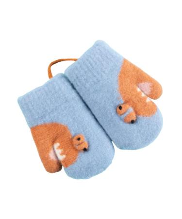 Toddlers Knitted Gloves with String Magic Stretch Gloves Cosy Cartoon Hanging Neck Gloves Lined Fleece Thermal Mittens (2-5Y) Blue