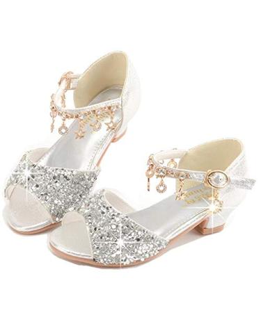 LFHT Little Kids Girls Sandals Glitter Rhinestone Dress Pumps Sequins Princess Low Heels Party Dance Shoes Silver 2 Little Kid