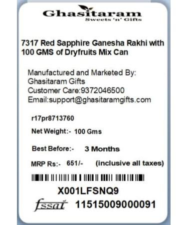 Ghasitaram Gifts Rakhi for Brother Rakhis Online - 7317 Red Sapphire Ganesha Rakhi with 100 GMS of Dryfruits Mix Can Rakhi Set with 100 gms of Dryfruits Mix Can - Buy Online on GoSupps.com