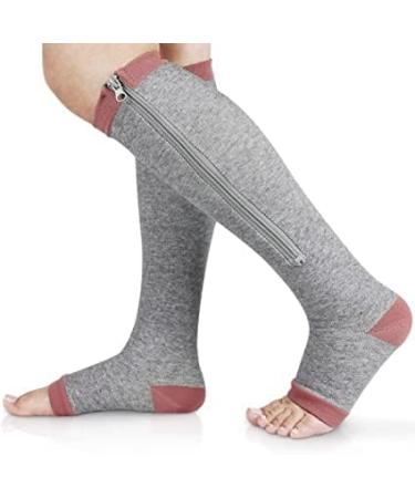 Buy Compression Stockings with Zipper for Men & Women | 20-30 mmHg Knee High Support Socks for Varicose Veins & Edema - Open Toe Gray - Buy Online on GoSupps.com