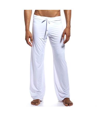 K-Men Mens Ice Silk Long Yoga Pant Low Rise Elastic Drawstring Sleep Bottom White Medium