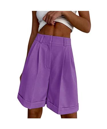 DAZLOR Women Business Casual Button Dress Shorts High Waist Wide Leg Pleated Shorts Summer Solid Bermuda Shorts Slant Pockets Purple Large