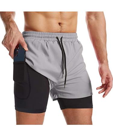 Surenow Mens 2 in 1 Running Shorts Quick Dry Athletic Shorts with Liner, Workout Shorts with Zip Pockets and Towel Loop Light Grey Medium