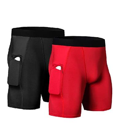 WRAGCFM Men's Athletic Compression Shorts with Pockets Running Workout Active Underwear 01406-black+red X-Large