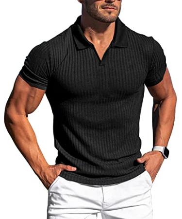 Lempue Mens V Neck t Shirts Slim Fit Muscle Polo Shirts for Men Short Sleeve Dry Fit Golf Shirts Casual Stylish Cloths Black X-Large