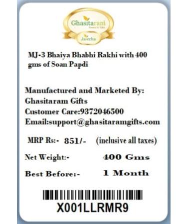 Ghasitaram Gifts Rakhis Online - Rakhi for Brother-MJ-3 Bhaiya Bhabhi Rakhi with 400 GMS of Soan Papdi Rakhi Set with 400 gms of Soan Papdi - Buy Online on GoSupps.com