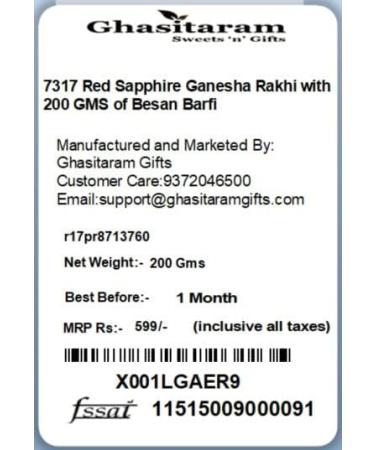 Ghasitaram Gifts Rakhi for Brother Rakhis Online - 7317 Red Sapphire Ganesha Rakhi with 200 GMS of Besan Barfi Rakhi Set with 200 gms of Besan Barfi - Buy Online on GoSupps.com