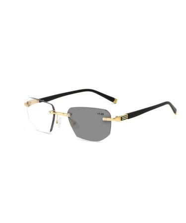 Multifocus Rimless Reading Glasses for Men Blue Light Blocking Readers Photochromic Glasses Anti UV Glasses (Color : Gold Size : 2.5x)
